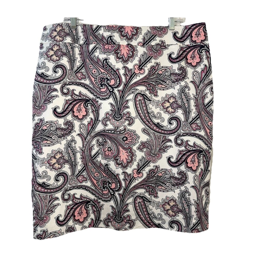 Ann Taylor Paisley Pencil Skirt Size 18 Pink Black Ivory Cotton Stretch Lined